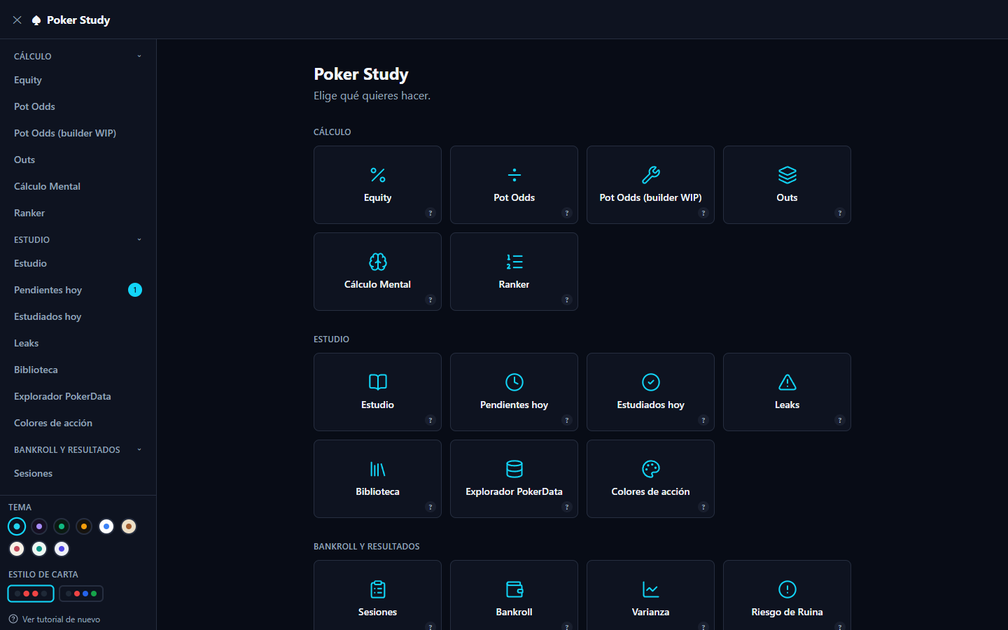 Pantalla de inicio de PokerStudy